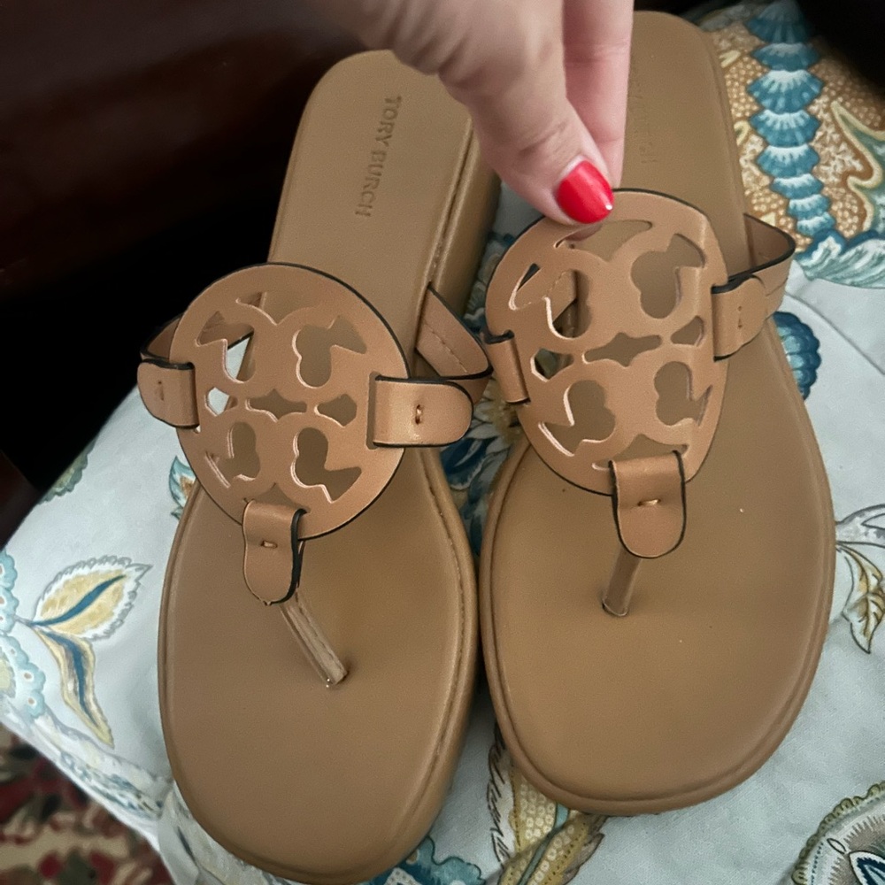 Tory Burch Tan Leather Sandals with Medallion Design wedges